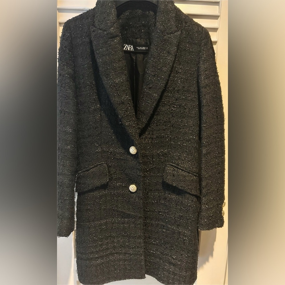Zara Tweed Blazer Jacket Size Small Long Black Gold Button Textured Like New